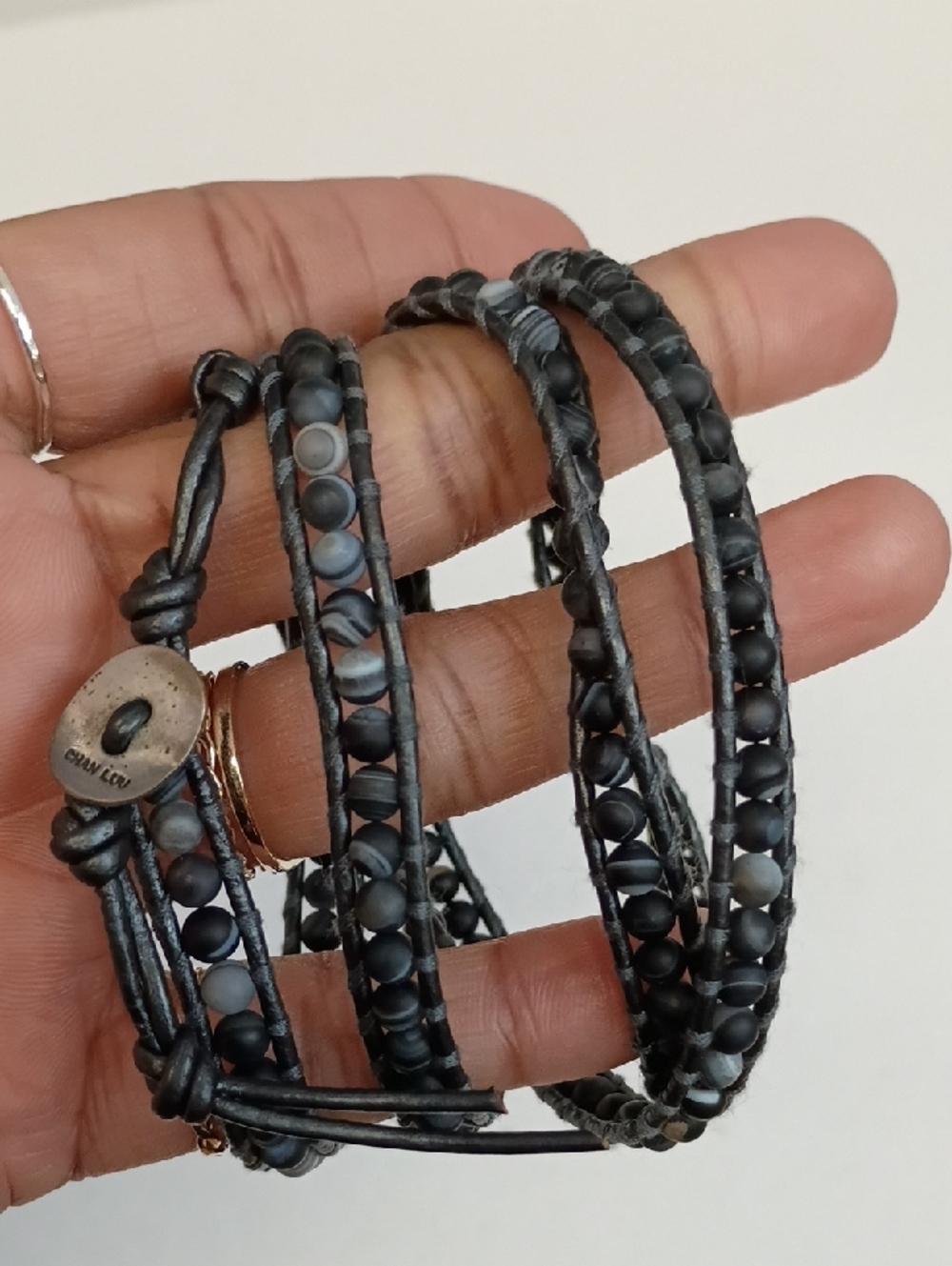 Chan Luu Leather Wrap Bracelet Beaded Multi Wrap Sterling Silver 925 Clasp Black